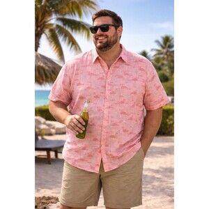 IZOD Saltwater Men’s Flamingo Button Down Shirt Pink 4XL Tropical Print